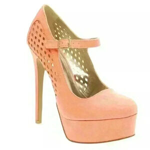 NIB Qupid Women's Ravish-33 Salmon Perforated Mary Jane Platform Pumps Heels 8.5